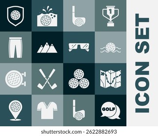 Set Golf label, course layout, ball in water, club with, Mountains, pants, shield and Glasses icon. Vector