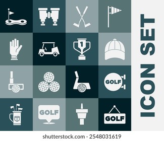 Set Golf label, sport club, Baseball cap, Crossed golf, car, glove, hole with flag and Award cup icon. Vector