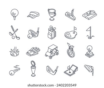 Juego de iconos lineales de golf. Señales de contorno con club de golf y pelota, buggy, bandera y gorra. Deportes y actividades. Diseñar elementos para la aplicación. Colección vectorial isométrica de línea aislada en fondo blanco