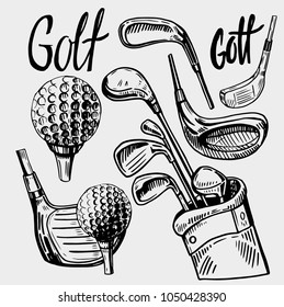 Set of golf objects. Hand drawn sketch converted to vector