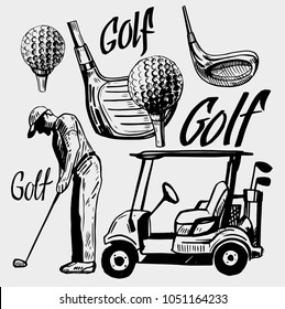 Set of golf objects. Hand drawn sketch 