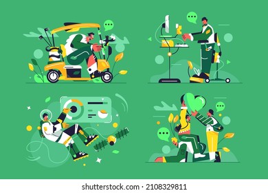 Set of golf player, digital programmer, cosmonaut vector illustration. People with hobbies flat style. Interest, vision, creativity concept