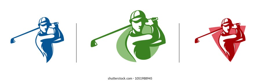 Set of golf player, playing, golf sticj, uniform, vector illustration