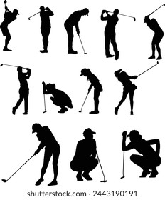 Set of golf player silhouette in various pose illustration