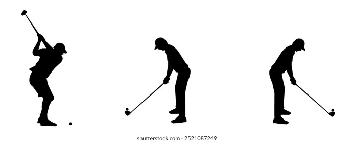 Set of Golf Players Vector Illustrations. Black and White Silhouette. Various poses of Golf Players. Suitable for a sports theme.