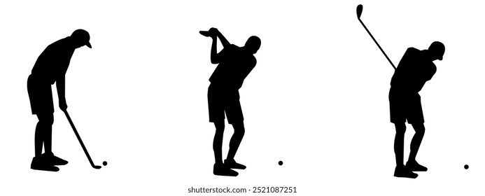 Set of Golf Players Vector Illustrations. Black and White Silhouette. Various poses of Golf Players. Suitable for a sports theme.