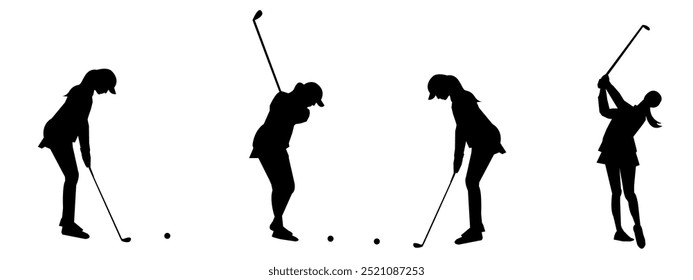 Set of Golf Players Vector Illustrations. Black and White Silhouette. Various poses of Golf Players. Suitable for a sports theme.