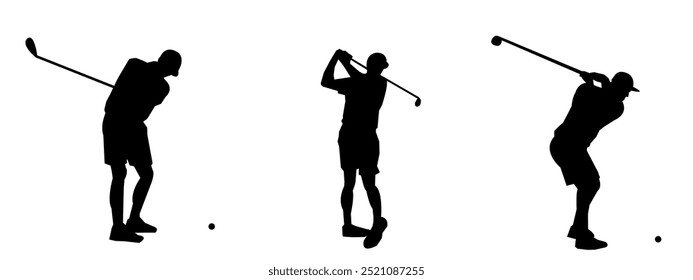 Set of Golf Players Vector Illustrations. Black and White Silhouette. Various poses of Golf Players. Suitable for a sports theme.