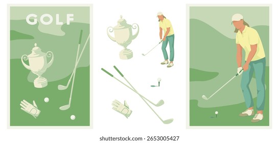 set of Golf posters and elements, Vector illustration of golf game, golfer, ball with club and hole, golf course, trophy cup