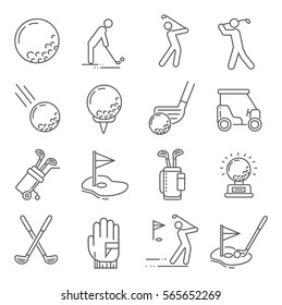 Set of golf Related Vector Line Icons. Includes such Icons as a Golf ball, hole, Golf car, field games, stick, sports uniforms, gloves, backpack