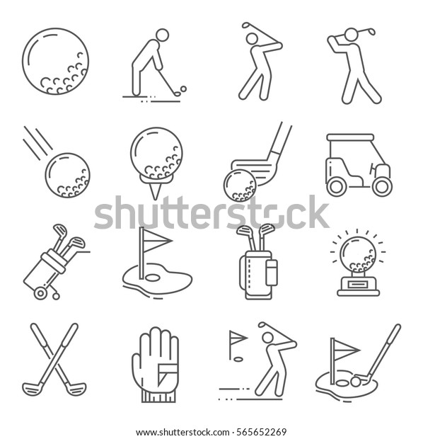 Set of golf Related Vector Line Icons. Includes\
such Icons as a Golf ball, hole, Golf car, field games, stick,\
sports uniforms, gloves,\
backpack