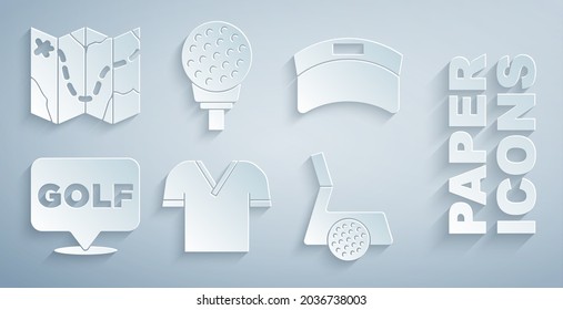Set Golf shirt, Sun visor cap, label, club with ball, on tee and course layout icon. Vector