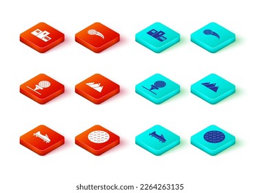 Set Golf shoe, ball, on tee, Mountains,  and Award over sports winner podium icon. Vector