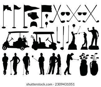 Set of Golf Silhouette, Golfer, Car, Stick, Ball, Flag, Bag