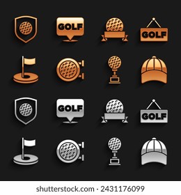 Set Golf sport club, label, Baseball cap, Award cup with golf, hole flag, shield and  icon. Vector