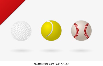Set of golf, tennis and baseball ball. Realistic vector illustration.