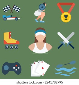 Un conjunto de íconos de diseño plano con temática de golf. Juego de iconos de diseño plano deportivo - ilustración de stock.
