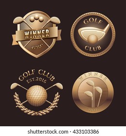 Set of golf vector logo, emblem, icon, symbol. Design of golden trophy, prize, award for golf tournament, championship, competition