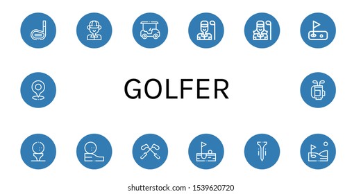 Set of golfer icons. Such as Golf stick, Golfer, Golf cart, Golf, ball, Tee, bag , golfer icons