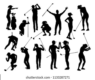 A set of golfer sports people playing golf in various poses