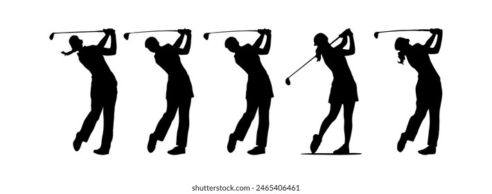 Un conjunto de golfistas deportivos jugando al golf en varias poses. silueta de Vector de hombres y mujeres jugador de golf colección. Golf diferentes siluetas sobre fondo blanco