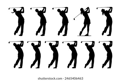 A set of golfer sports people playing golf in various poses. vector silhouette of men and women golf player collection. Golf different silhouettes on white background