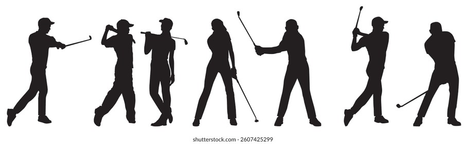 A set of golfer sports people playing golf in various poses

