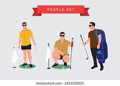 Set of golfers with golf equipment. Vector illustration in flat style