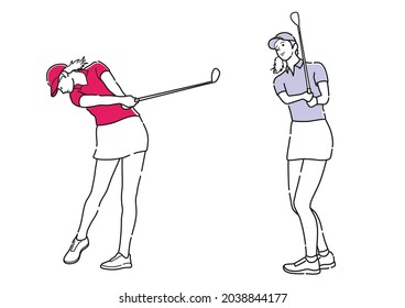 Set Of Golfers Vector Simple Line Drawings On A White Background. Easy To Use Illustrations Isolated On A White Background. 