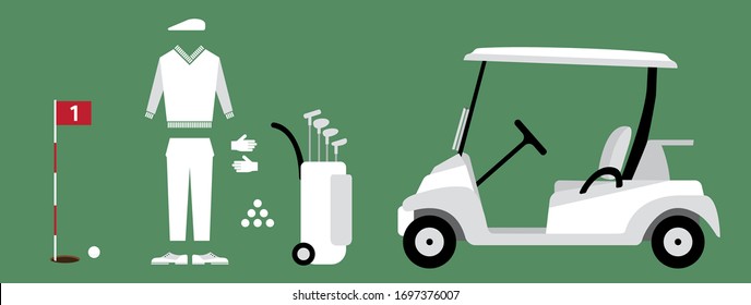 Set of golfing items: caddy, cart, ball, irons, clothing