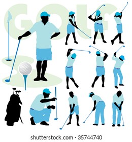 Set of golfing people silhouette on a golf course.