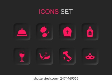 Set Gondola boat, Olives, Covered with tray of food, Map Italy, Perfume, Carnival mask, Pope hat and Wine glass icon. Vector