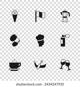 Set Gondola boat, Perfume, Wine glass, Italian cook, Coffee maker moca pot, Ice cream waffle, Flag Italy and Olives icon. Vector