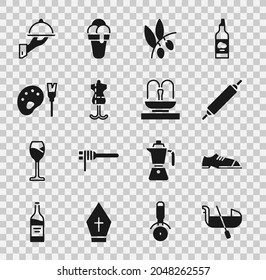 Set Gondola, Men Shoes, Rolling Pin, Olives Branch, Mannequin, Paint Brush With Palette, Covered Tray Of Food And Fountain Icon. Vector