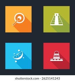 Set Gong, Chichen Itza in Mayan, Sliced lime and Mexican sombrero icon. Vector