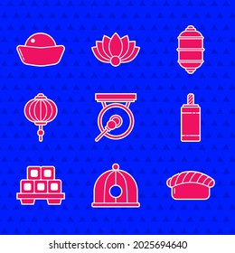 Set Gong, Chinese hat, Sushi, Firework, cutting board, paper lantern,  and  icon. Vector