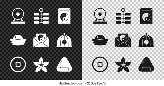 Set Gong, Firework, Yin Yang and envelope, Chinese Yuan currency, Lotus flower, Sushi,  and  icon. Vector
