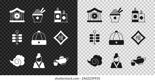 Set Gong musical instrument, Asian noodles bowl, Firework, Magic fog smoke, woman, Chinese tea ceremony,  and hat icon. Vector