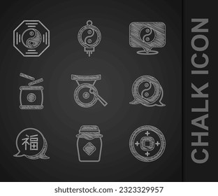 Set Gong musical instrument, Jar of honey, Chinese Yuan currency, Yin Yang symbol, New Year, drum,  and  icon. Vector