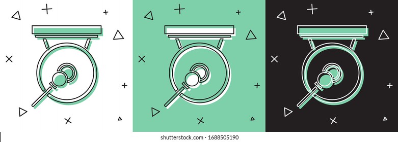 Set Gong musical percussion instrument circular metal disc and hammer icon isolated on white and green, black background.  Vector Illustration