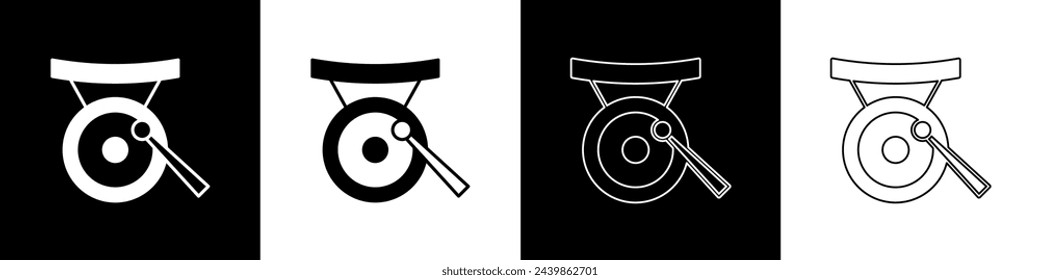 Set Gong musical percussion instrument circular metal disc and hammer icon isolated on black and white background.  Vector