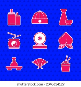 Set Gong, Paper chinese folding fan, Asian noodles paper box and chopsticks, Peach fruit, Dumpling cutting board, Chinese drum, tea ceremony and Firework icon. Vector