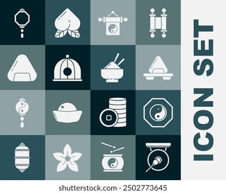 Set Gong, Yin Yang, Sushi cutting board, Chinese hat, paper lantern and Rice bowl with chopstick icon. Vector