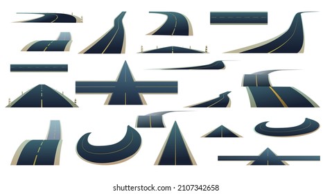 Conjunto de buen camino asfalto. Carretera vacía de calidad. Camino de interciudad suburbana. Aislado sobre fondo blanco. Vector.