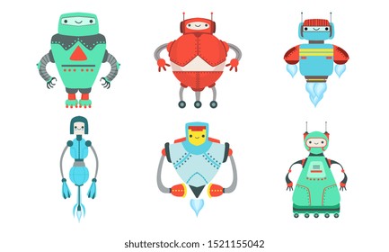 Set of good cartoon robots. Vector illustration.