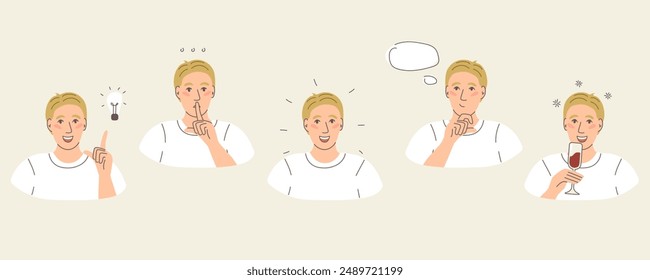 Set of good emotions of one happy male character, man are smiling, drinking wine, thinking, explaining, have an idea, cute flat style, user interface illustration