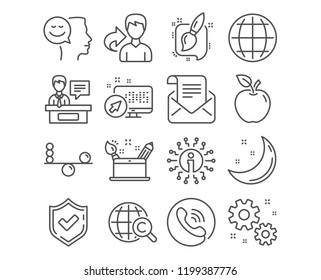 Set of Good mood, Creativity concept and Balance icons. Work, International Ð¡opyright and Painting brush signs. Mail newsletter, Globe and Exhibitors symbols. Vector