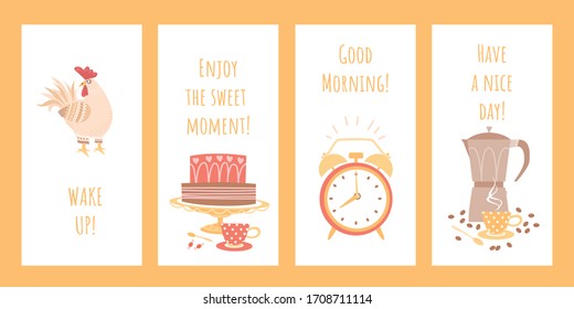 Set of good morning greeting card mockups with a funny rooster, alarm clock and coffee makers. Wake up and enjoy the happy moments of the concept. Vector illustration in a flat style.