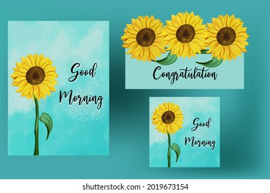 
Set of good morning and greeting sun flower card watercolor transparant floral arrangement layout vector. Watercolor sun flower frame suitable for wedding, anniversary, decoration