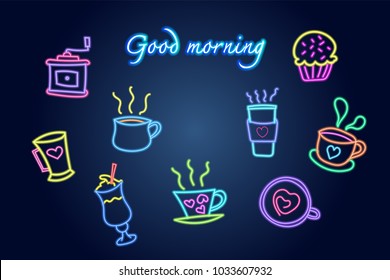 Set of good morning neon, Coffee neon sign vector illustration, emblem in neon style, bright night sign